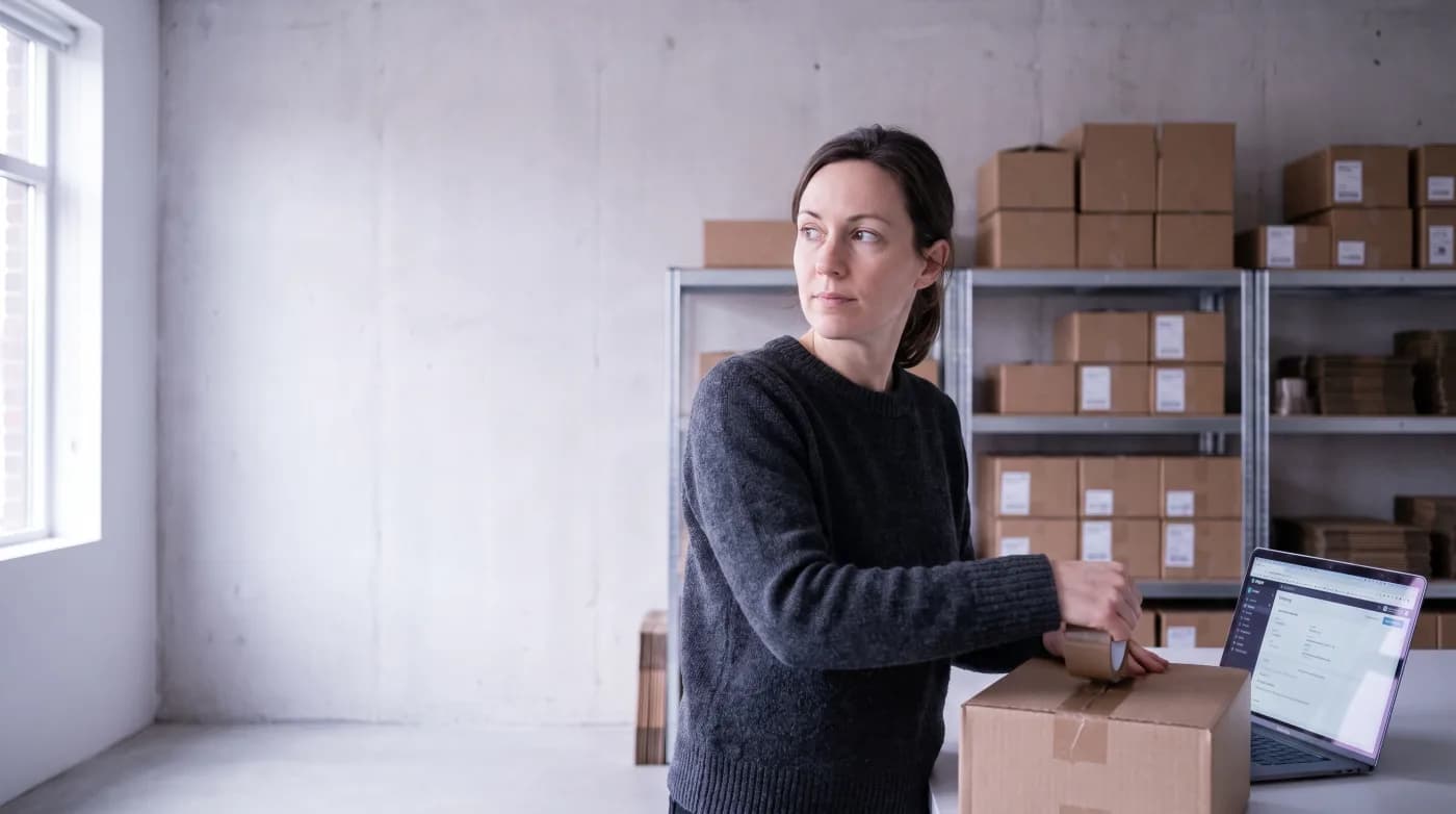 The owner of a small online store sealing a parcel beside an open laptop